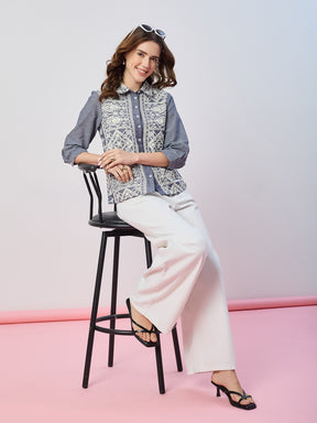 Latin Quarters Women's Blue Embroidered 3/4th Sleeves Collar Neck Casual Shirt