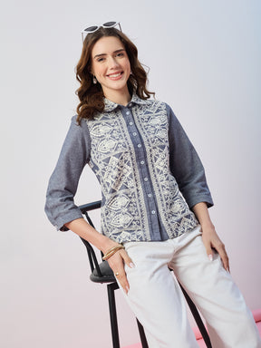 Latin Quarters Women's Blue Embroidered 3/4th Sleeves Collar Neck Casual Shirt