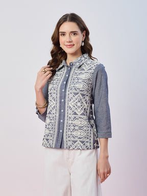 Latin Quarters Women's Blue Embroidered 3/4th Sleeves Collar Neck Casual Shirt