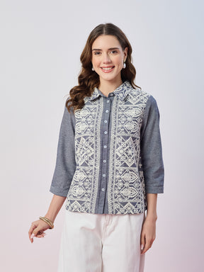 Latin Quarters Women's Blue Embroidered 3/4th Sleeves Collar Neck Casual Shirt