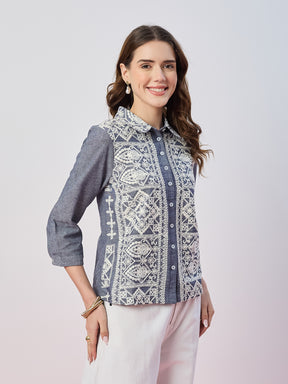 Latin Quarters Women's Blue Embroidered 3/4th Sleeves Collar Neck Casual Shirt