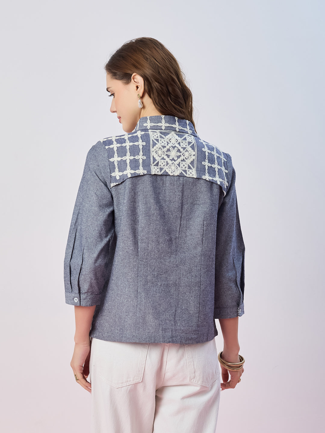 Latin Quarters Women's Blue Embroidered 3/4th Sleeves Collar Neck Casual Shirt