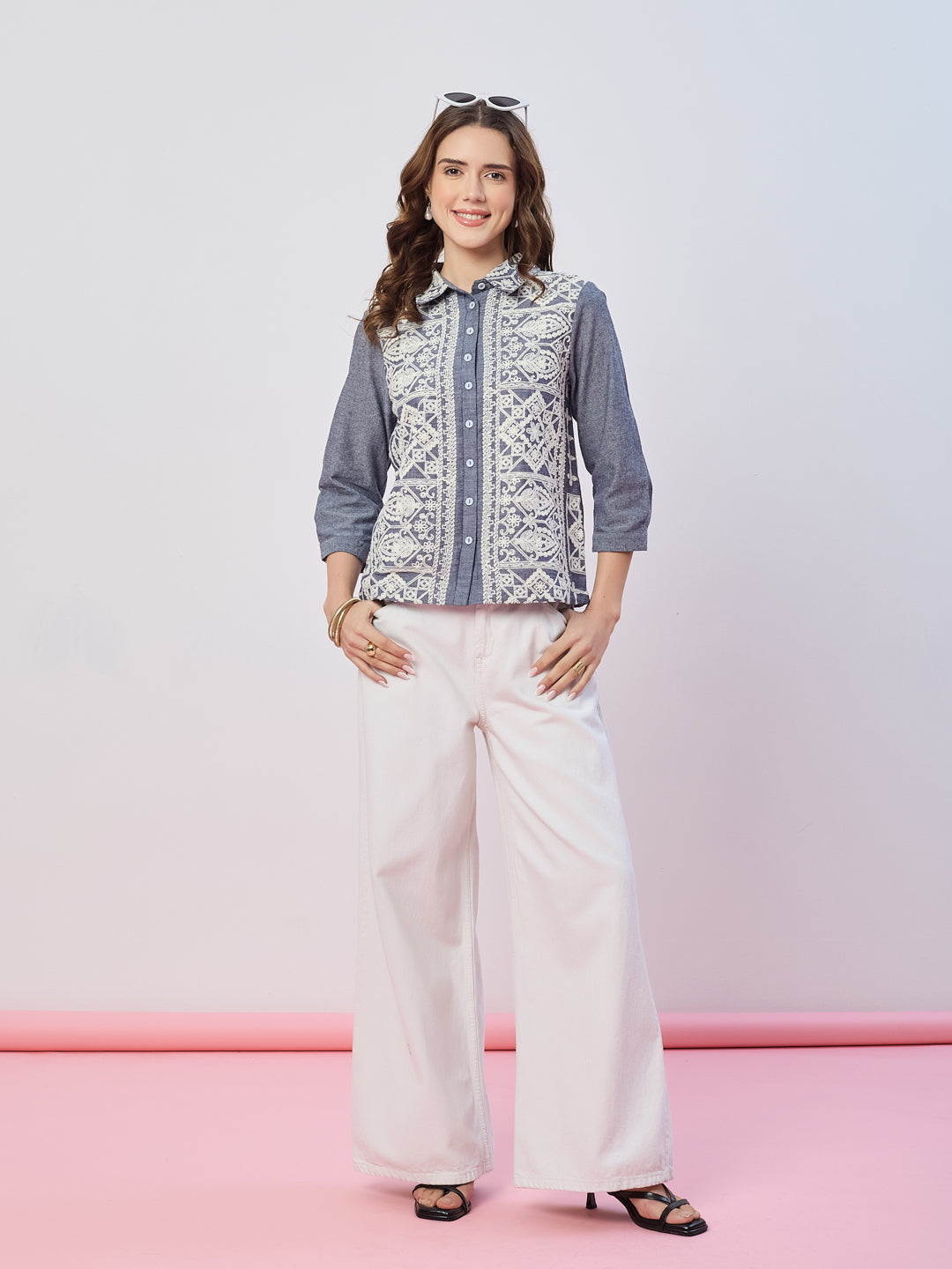 Latin Quarters Women's Blue Embroidered 3/4th Sleeves Collar Neck Casual Shirt