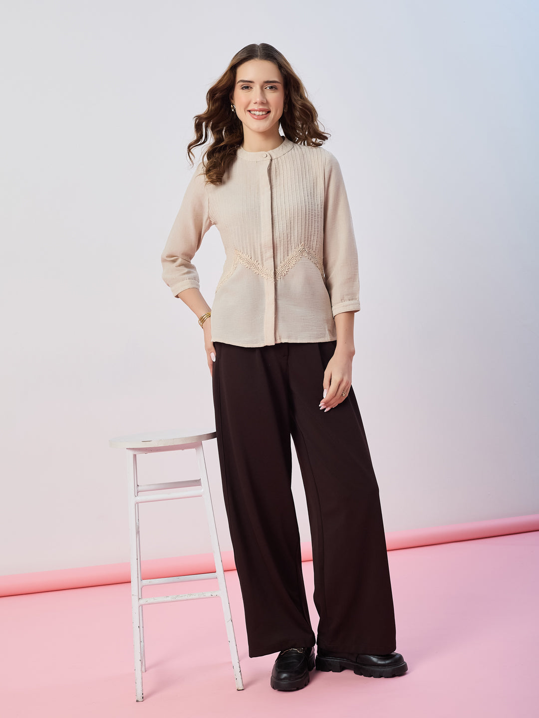 Latin Quarters Women's Beige Textured 3/4th Sleeves Mandarin Neck Casual Top