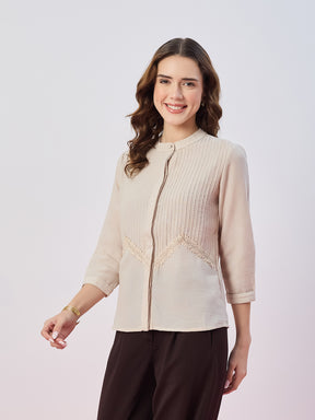 Latin Quarters Women's Beige Textured 3/4th Sleeves Mandarin Neck Casual Top