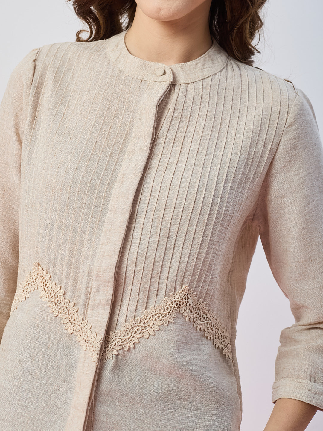 Latin Quarters Women's Beige Textured 3/4th Sleeves Mandarin Neck Casual Top