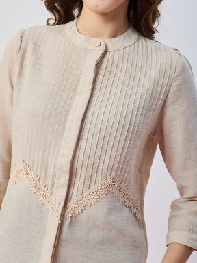 Latin Quarters Women's Beige Textured 3/4th Sleeves Mandarin Neck Casual Top