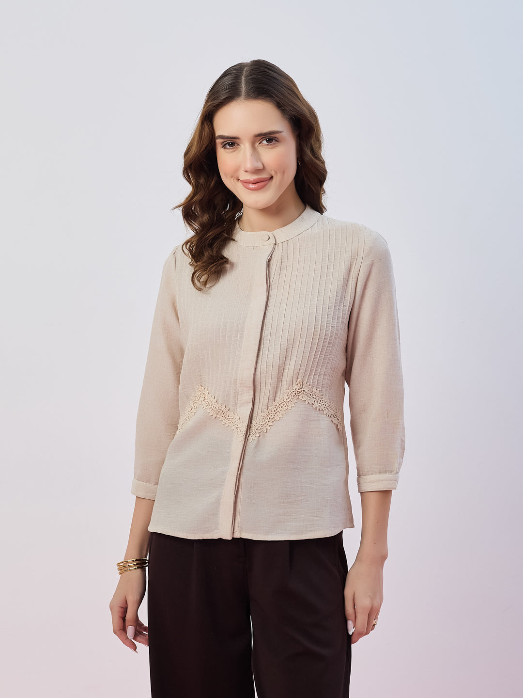 Latin Quarters Women's Beige Textured 3/4th Sleeves Mandarin Neck Casual Top