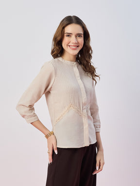 Latin Quarters Women's Beige Textured 3/4th Sleeves Mandarin Neck Casual Top