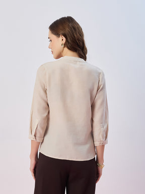 Latin Quarters Women's Beige Textured 3/4th Sleeves Mandarin Neck Casual Top