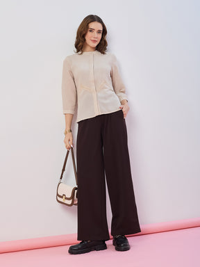 Latin Quarters Women's Beige Textured 3/4th Sleeves Mandarin Neck Casual Top