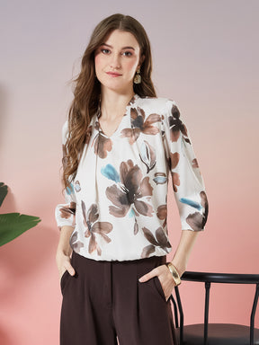 Latin Quarters Women's Off White Printed 3/4th Sleeve V-Neck Casual Top