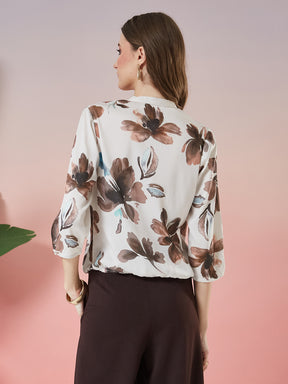 Latin Quarters Women's Off White Printed 3/4th Sleeve V-Neck Casual Top