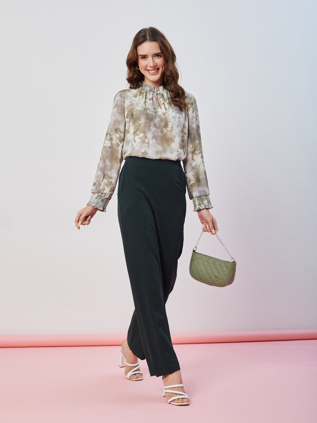 Latin Quarters Women's Green Printed Full Sleeves High Neck Casual Top