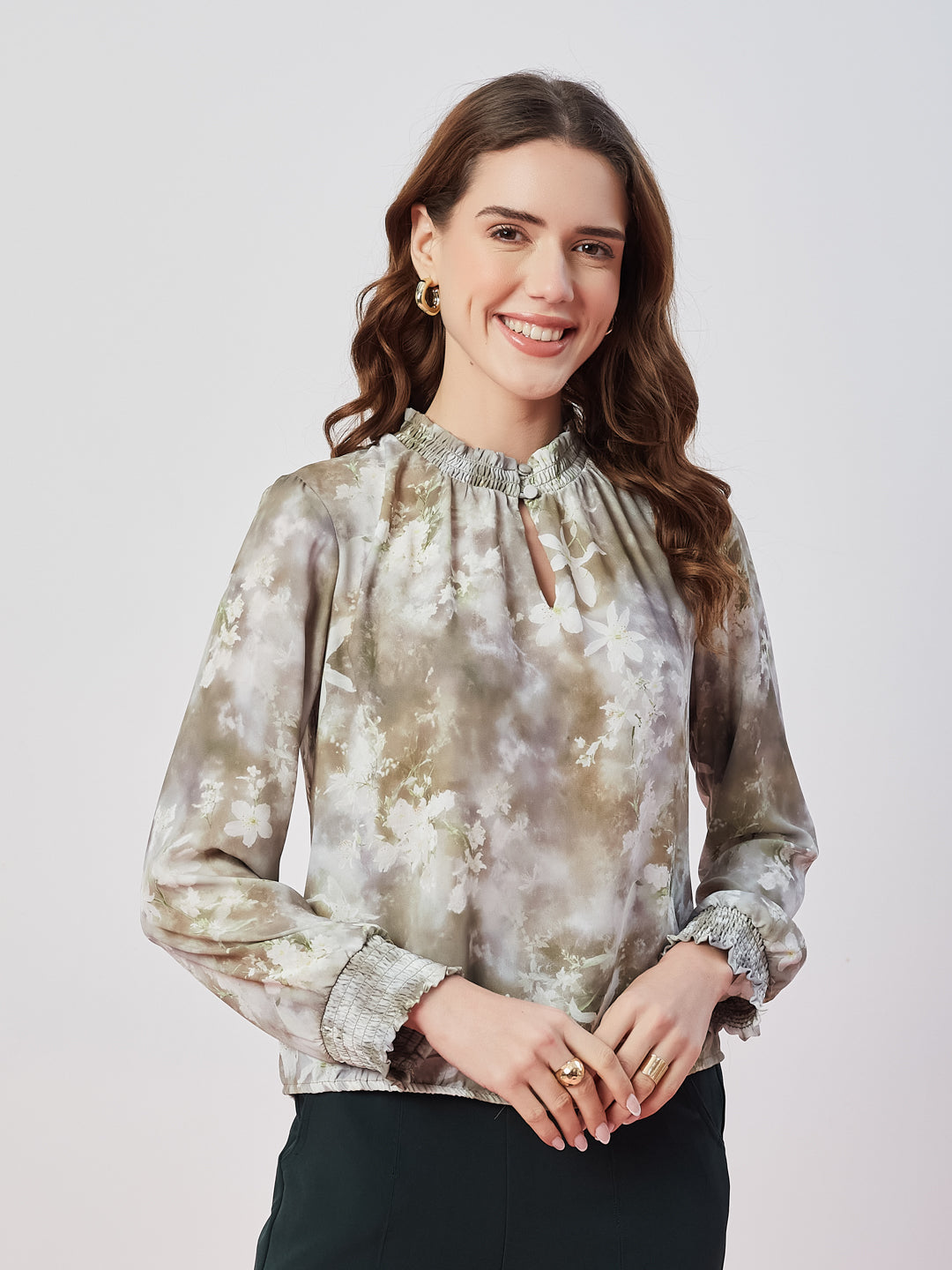 Latin Quarters Women's Green Printed Full Sleeves High Neck Casual Top