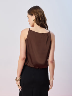 Latin Quarters Women's Brown Solid Strappy Cowl Neck Party Top