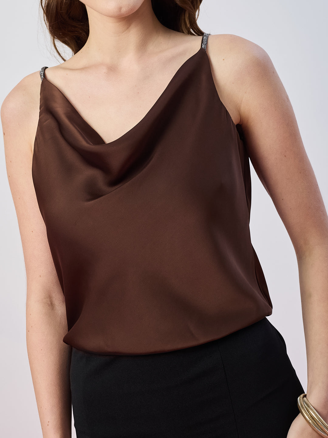 Latin Quarters Women's Brown Solid Strappy Cowl Neck Party Top