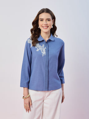 Latin Quarters Women's Blue Solid 3/4th Sleeves Collar Neck Casual Shirt