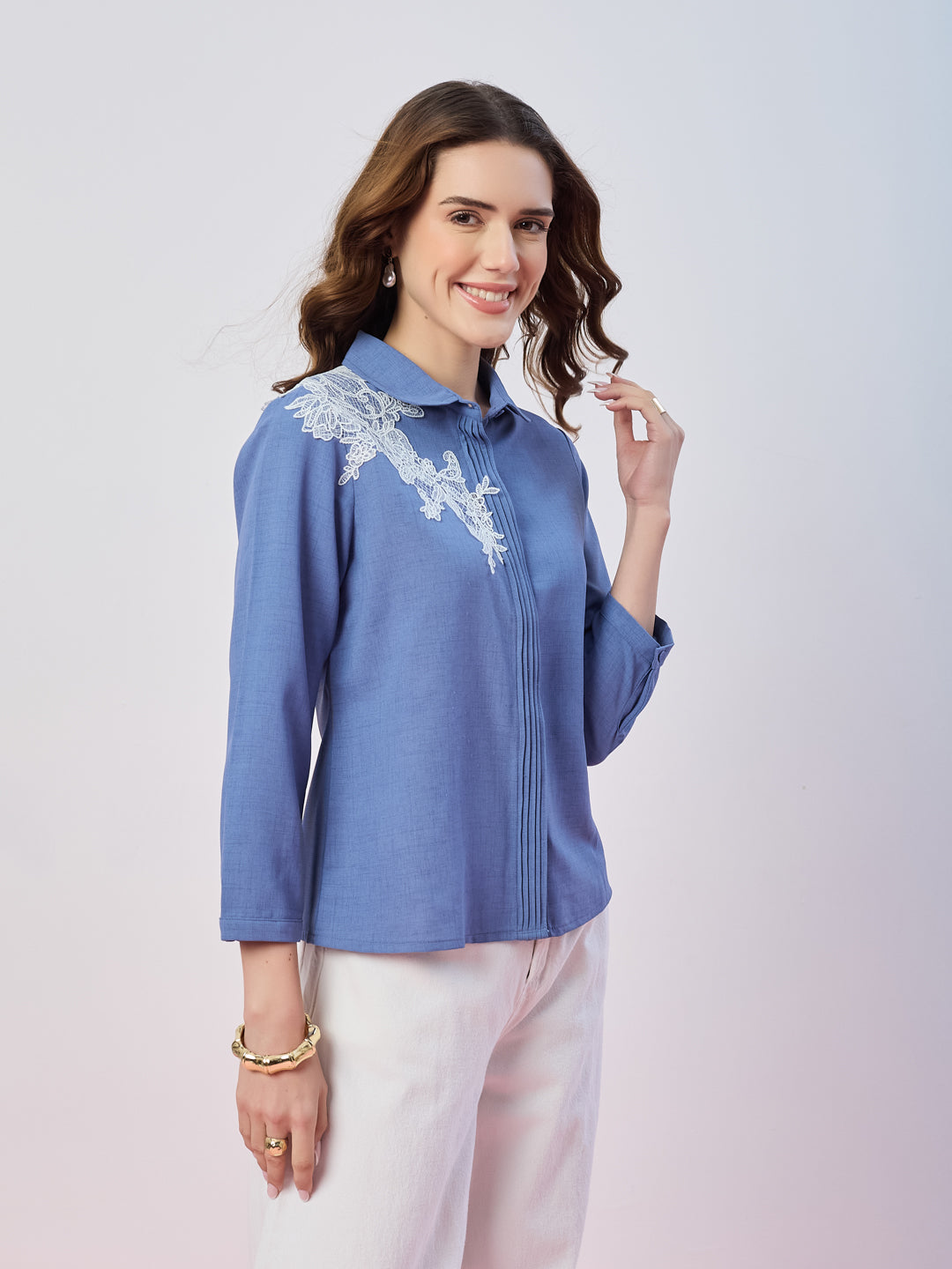Latin Quarters Women's Blue Solid 3/4th Sleeves Collar Neck Casual Shirt