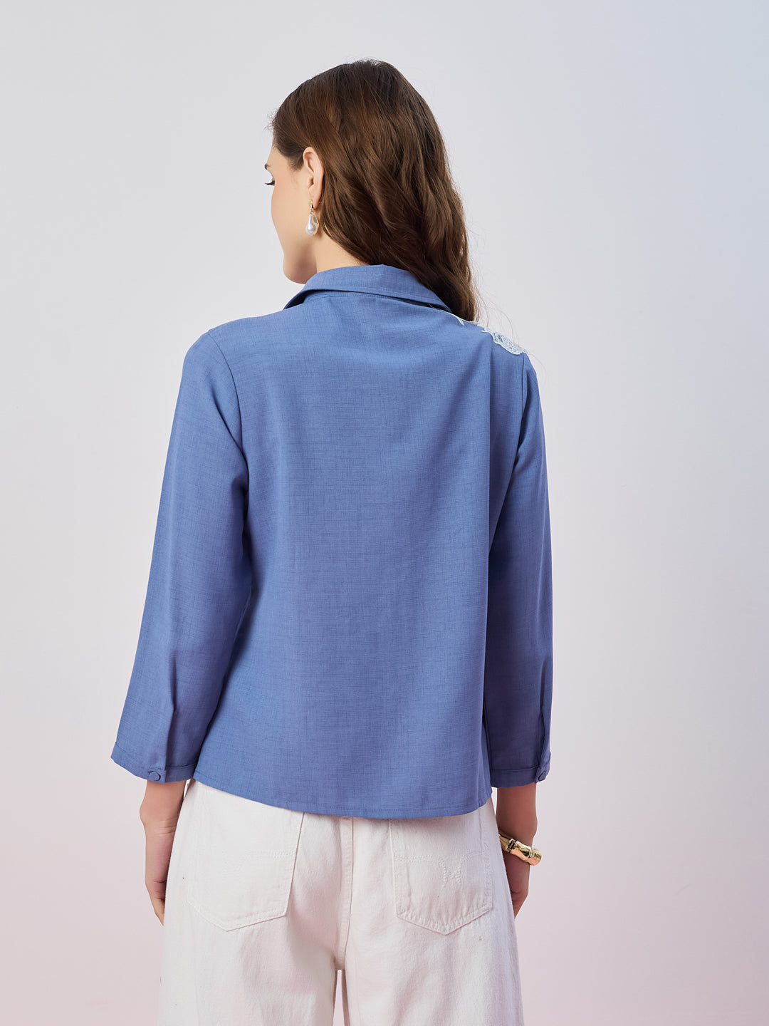 Latin Quarters Women's Blue Solid 3/4th Sleeves Collar Neck Casual Shirt