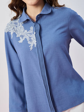 Latin Quarters Women's Blue Solid 3/4th Sleeves Collar Neck Casual Shirt