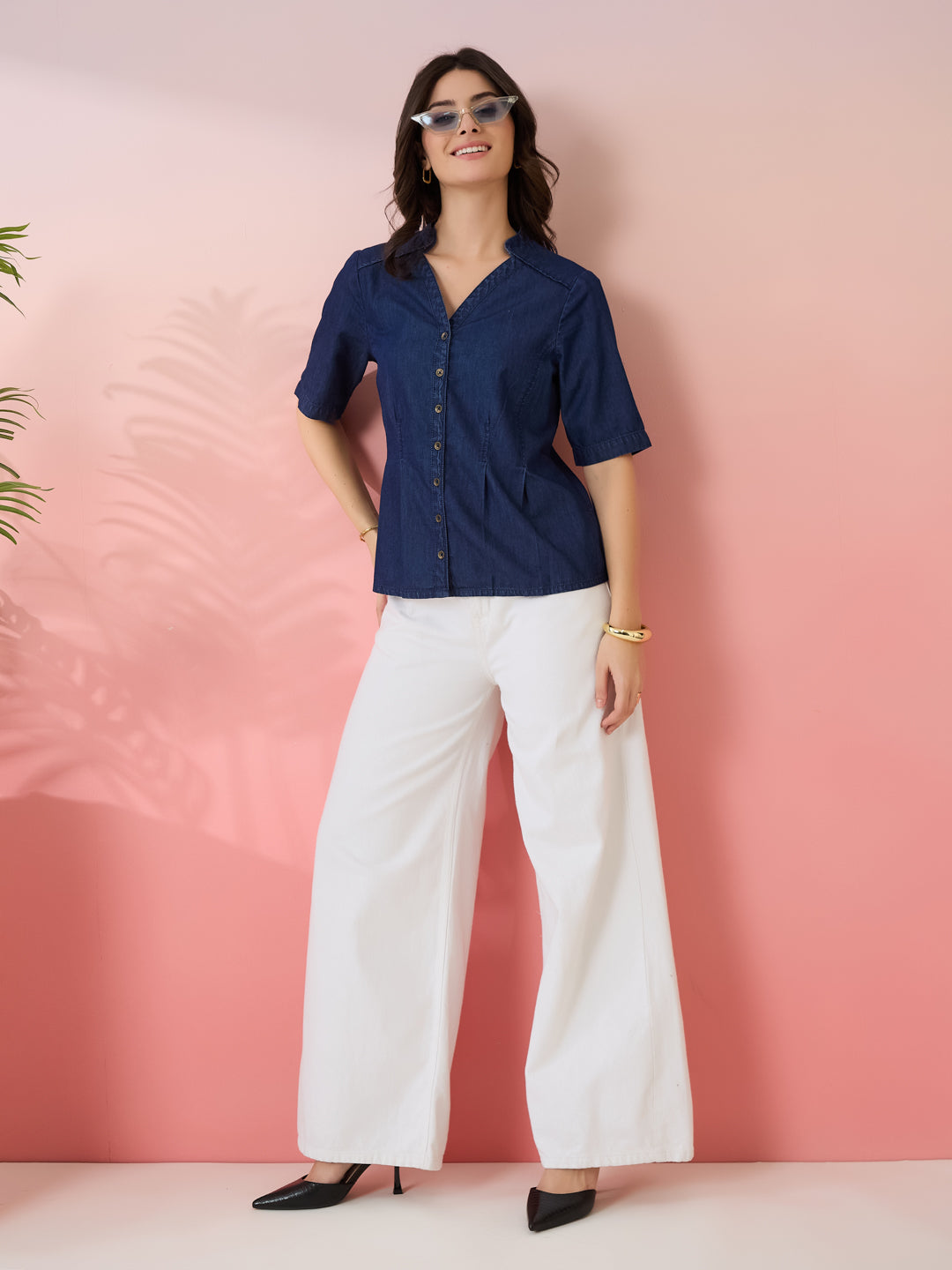 Latin Quarters Women's Blue Solid V-Neck Half Sleeves Casual Top