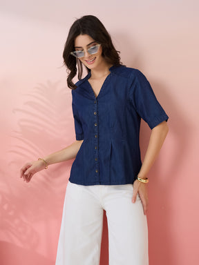 Latin Quarters Women's Blue Solid V-Neck Half Sleeves Casual Top