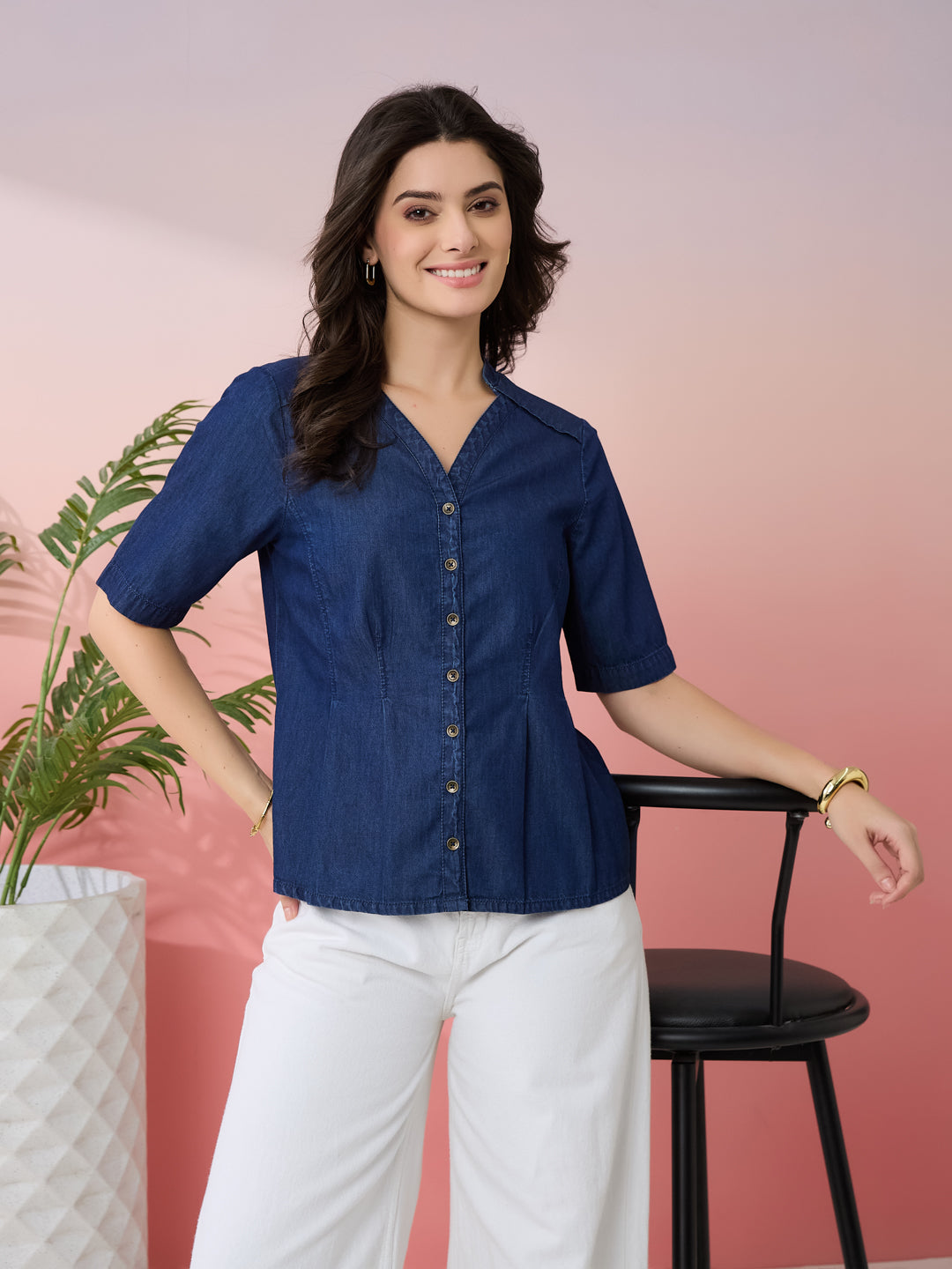 Latin Quarters Women's Blue Solid V-Neck Half Sleeves Casual Top