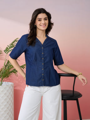 Latin Quarters Women's Blue Solid V-Neck Half Sleeves Casual Top