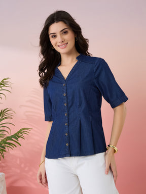 Latin Quarters Women's Blue Solid V-Neck Half Sleeves Casual Top