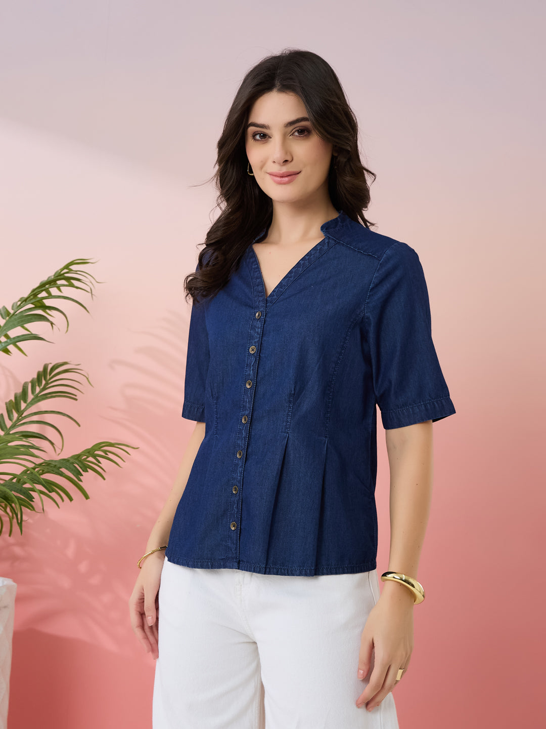 Latin Quarters Women's Blue Solid V-Neck Half Sleeves Casual Top