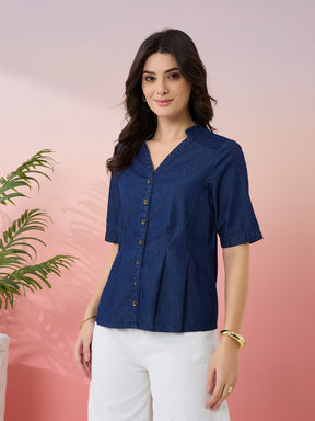 Latin Quarters Women's Blue Solid V-Neck Half Sleeves Casual Top