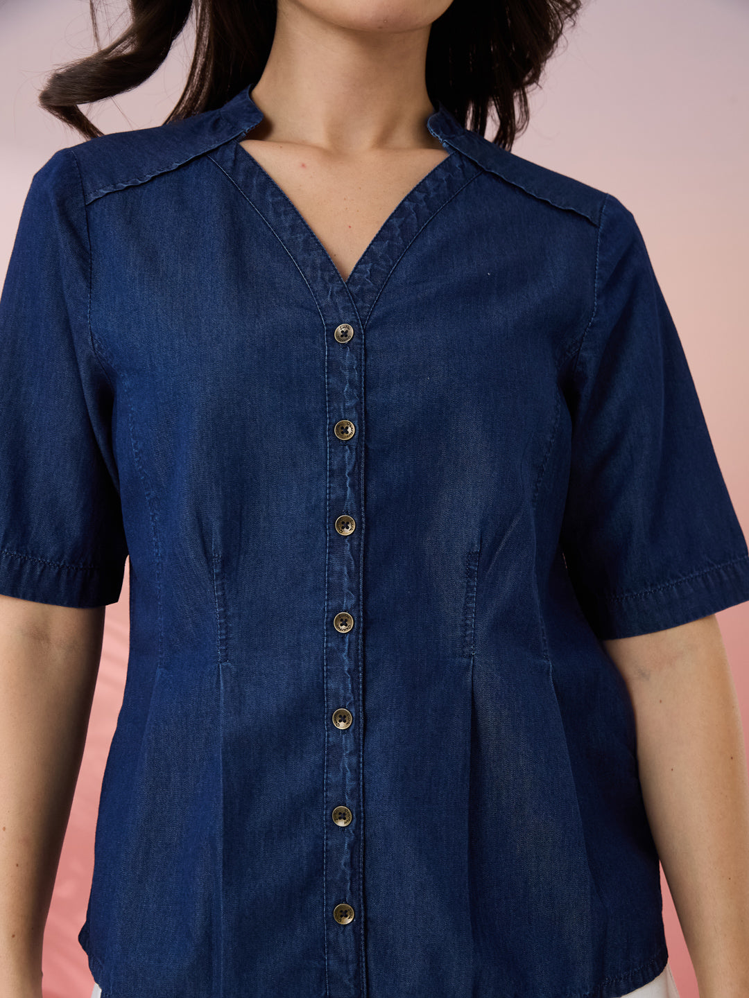 Latin Quarters Women's Blue Solid V-Neck Half Sleeves Casual Top