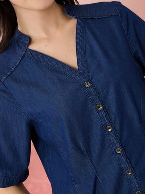 Latin Quarters Women's Blue Solid V-Neck Half Sleeves Casual Top