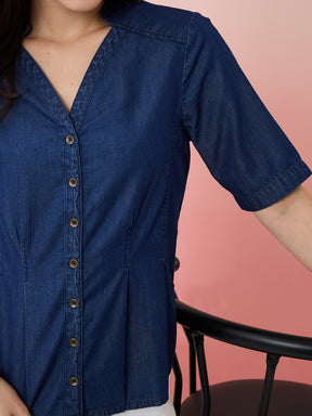 Latin Quarters Women's Blue Solid V-Neck Half Sleeves Casual Top