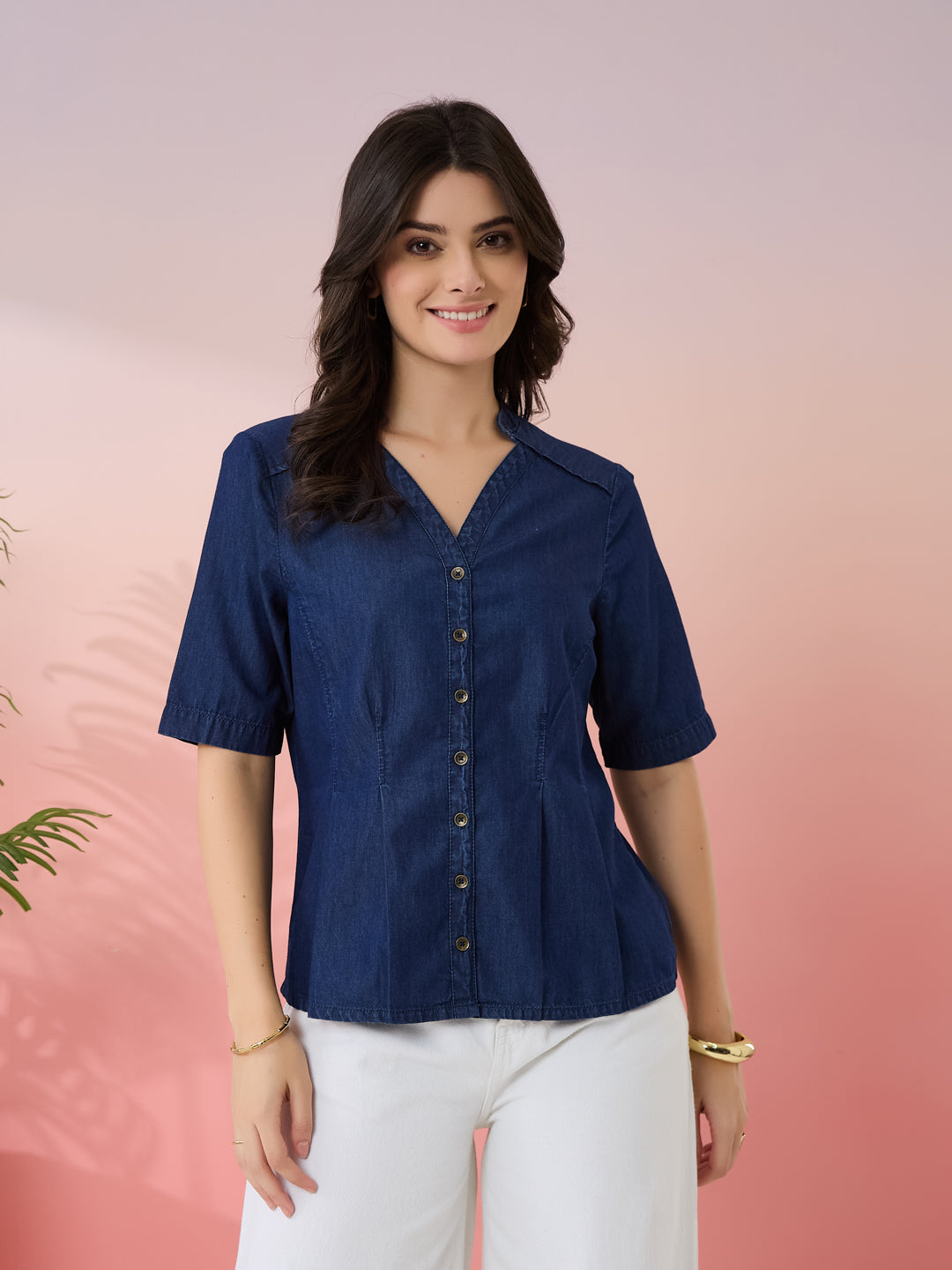 Latin Quarters Women's Blue Solid V-Neck Half Sleeves Casual Top