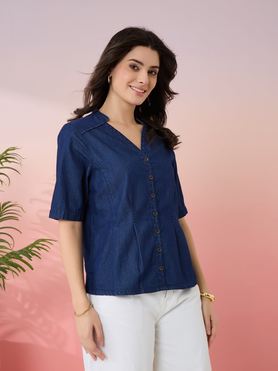 Latin Quarters Women's Blue Solid V-Neck Half Sleeves Casual Top
