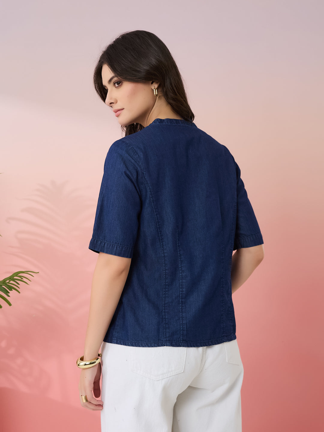 Latin Quarters Women's Blue Solid V-Neck Half Sleeves Casual Top