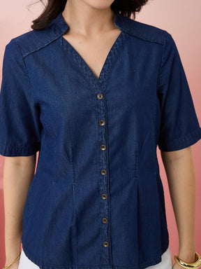 Latin Quarters Women's Blue Solid V-Neck Half Sleeves Casual Top