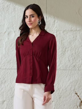 Latin Quarters Women's Maroon Solid Collar Neck Full Sleeves Casual Shirt