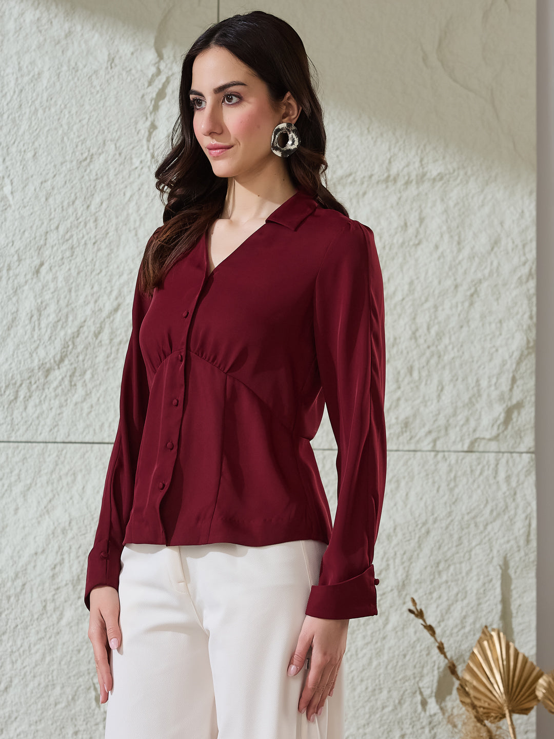 Latin Quarters Women's Maroon Solid Collar Neck Full Sleeves Casual Shirt