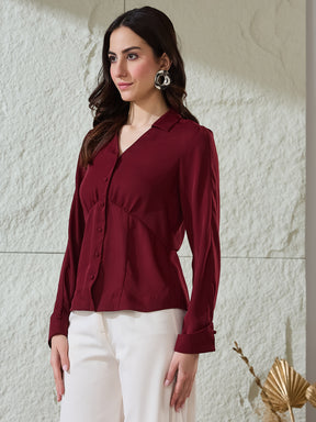 Latin Quarters Women's Maroon Solid Collar Neck Full Sleeves Casual Shirt
