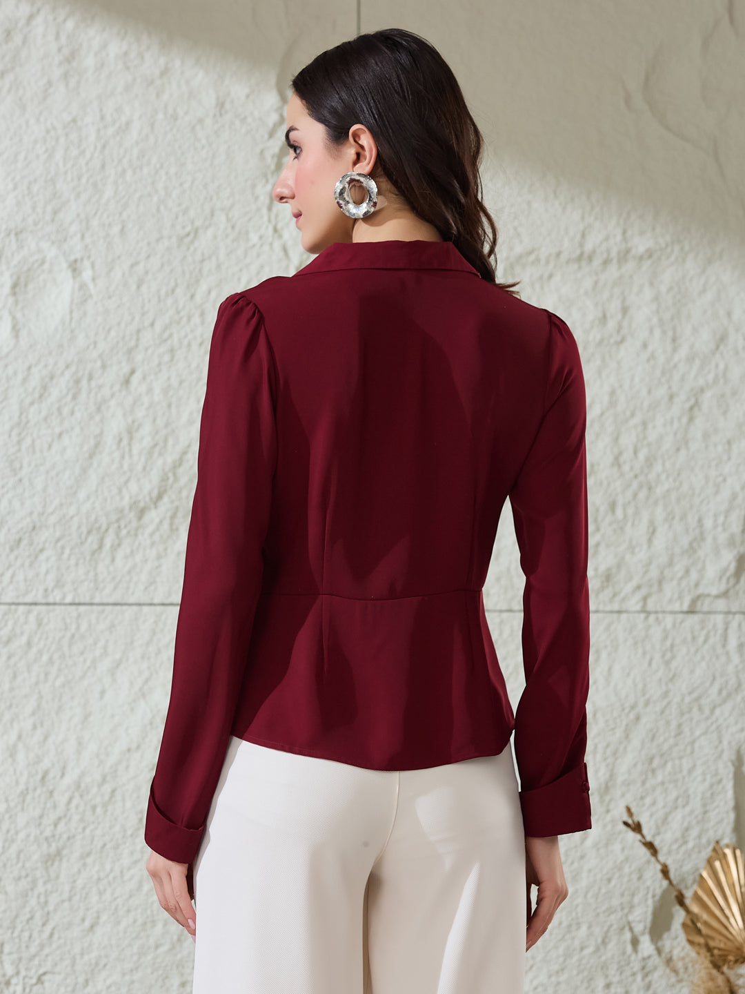 Latin Quarters Women's Maroon Solid Collar Neck Full Sleeves Casual Shirt