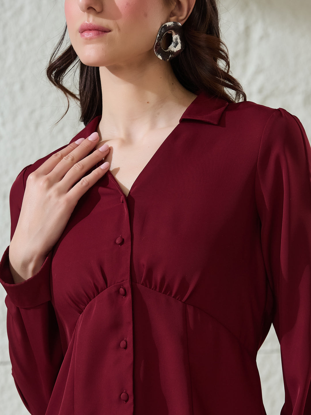 Latin Quarters Women's Maroon Solid Collar Neck Full Sleeves Casual Shirt