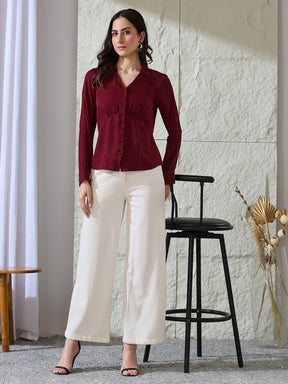 Latin Quarters Women's Maroon Solid Collar Neck Full Sleeves Casual Shirt