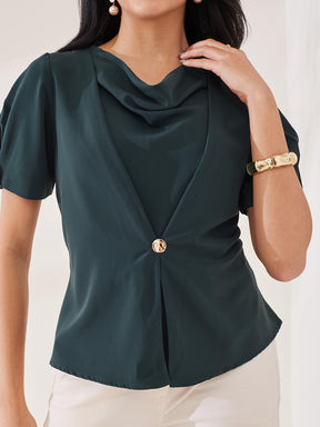 Latin Quarters Women's Green Solid Half Sleeves Cowl Neck Casual Top