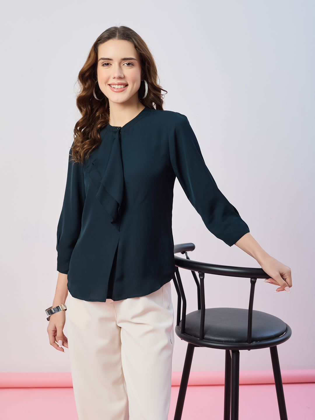 Latin Quarters Women's Green Solid 3/4th Sleeves Mandarin Neck Casual Top