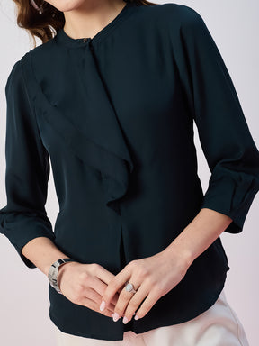 Latin Quarters Women's Green Solid 3/4th Sleeves Mandarin Neck Casual Top
