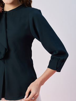 Latin Quarters Women's Green Solid 3/4th Sleeves Mandarin Neck Casual Top
