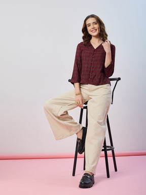 Latin Quarters Women's Maroon Checked 3/4th Sleeves Collar Neck Casual Shirt